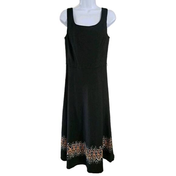 Vtg Linen Blend Boho Sleeveless Midi Dress Sz 6 Black Orange Atzec Southwestern - Picture 1 of 6